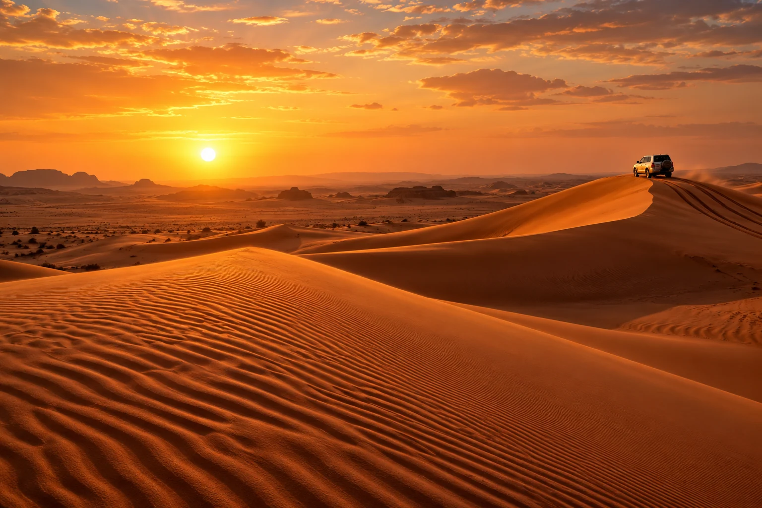 Golden dunes and a Dubai desert safari SUV at sunset
