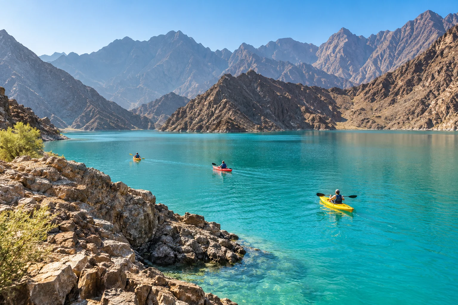 Kayaks on turquoise Hatta Lake beneath the Hajar Mountains