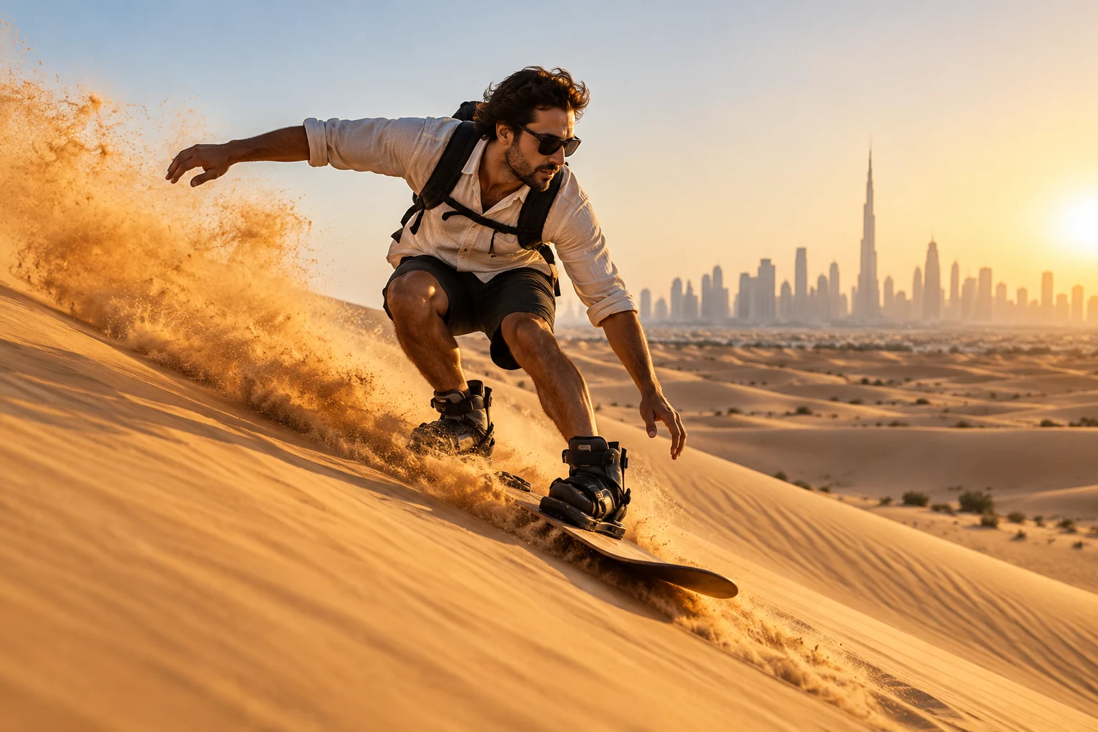 Sandboarding down the golden Dubai desert dunes